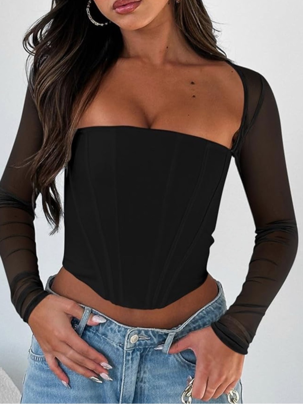 ReoRia Black Mesh Long Sleeve Corset Crop Top